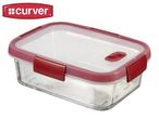 Rectangular glass food storage container with a red lid and red clips.