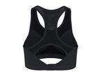 Black women's sports bra with a racerback design and mesh details.