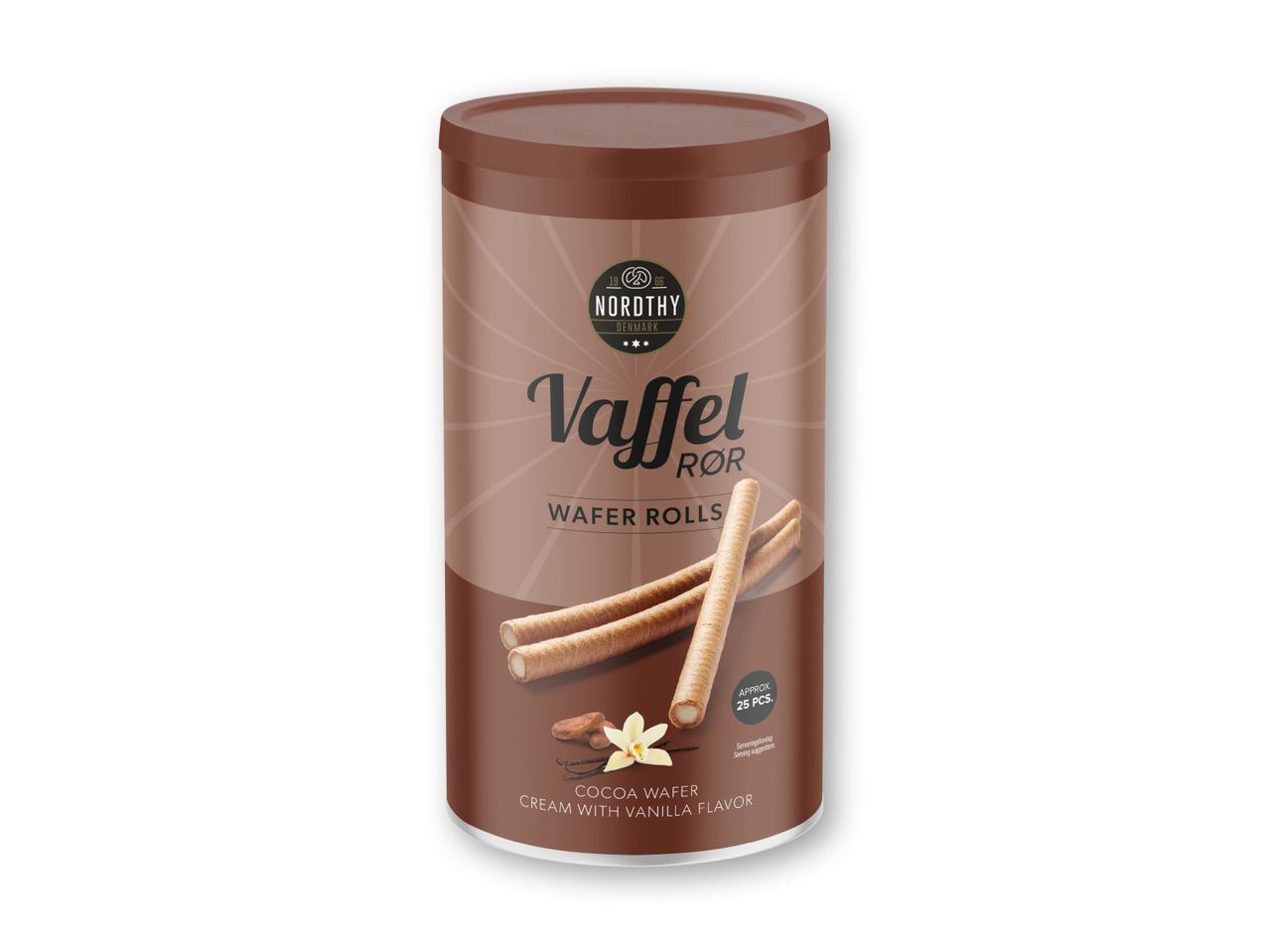 Vaffel-pinde med kanel i en brun dåse.