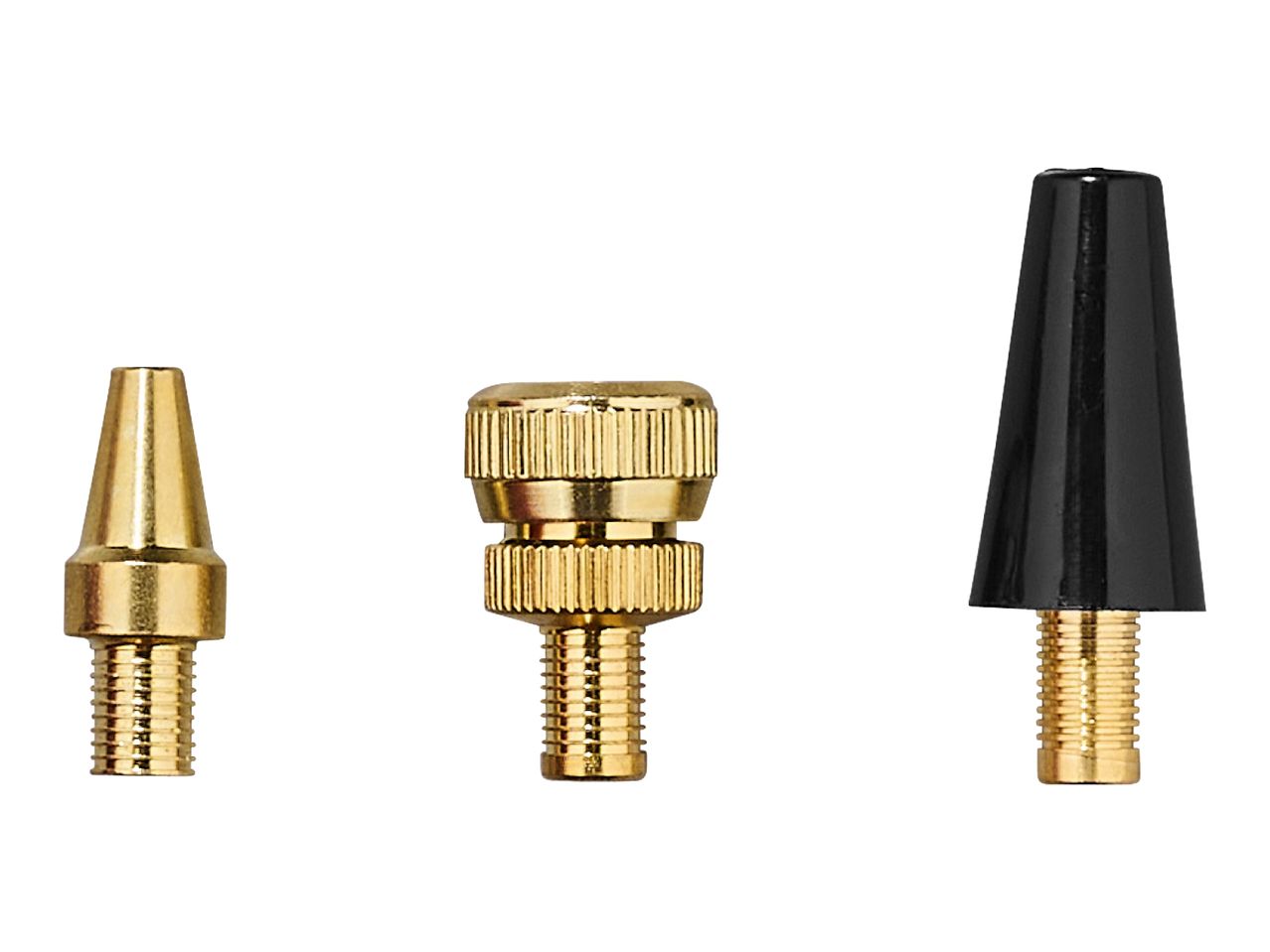 Three different brass and black air pump nozzles.