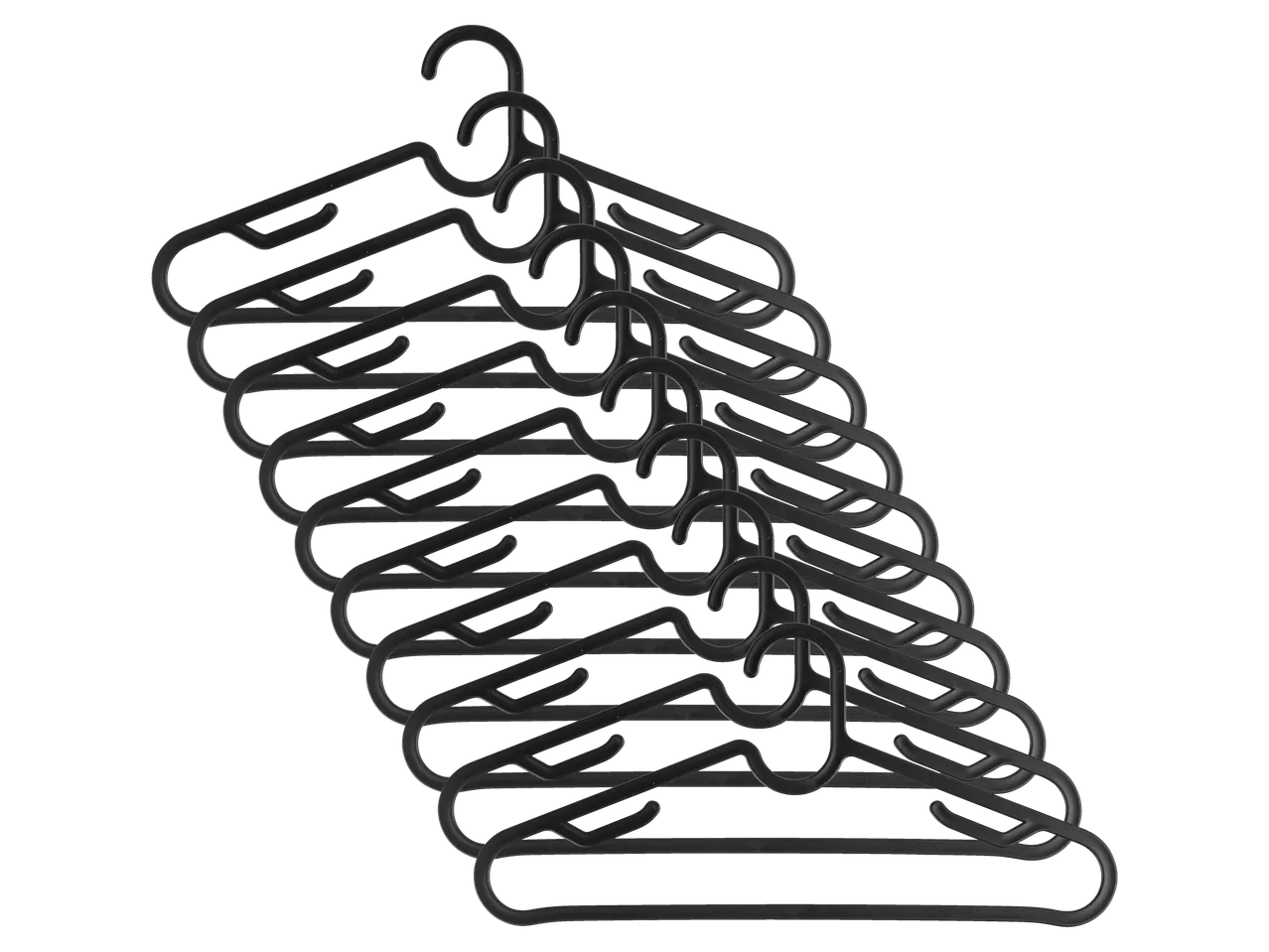 A stack of black W5 plastic coat hangers.