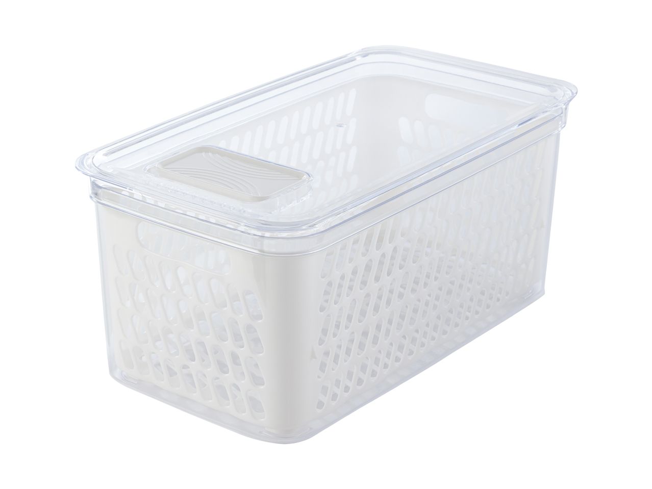 En gennemsigtig plastikopbevaringsbeholder med låg.