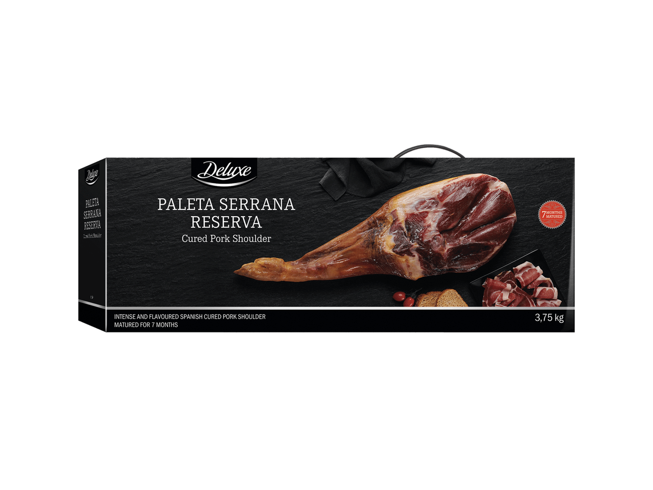 „Deluxe Paleta Serrana Reserva“ vytintas kiaulienos kumpis, brandintas 7 mėnesius, 3,75 kg.