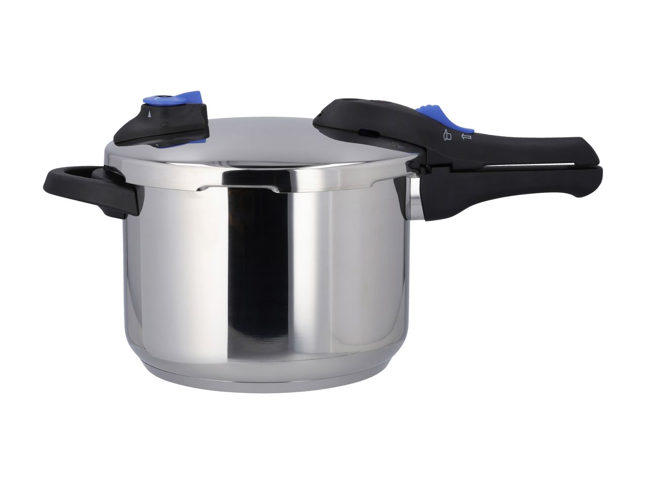 Stainless steel pressure cooker with black handles and blue accents on a white background.