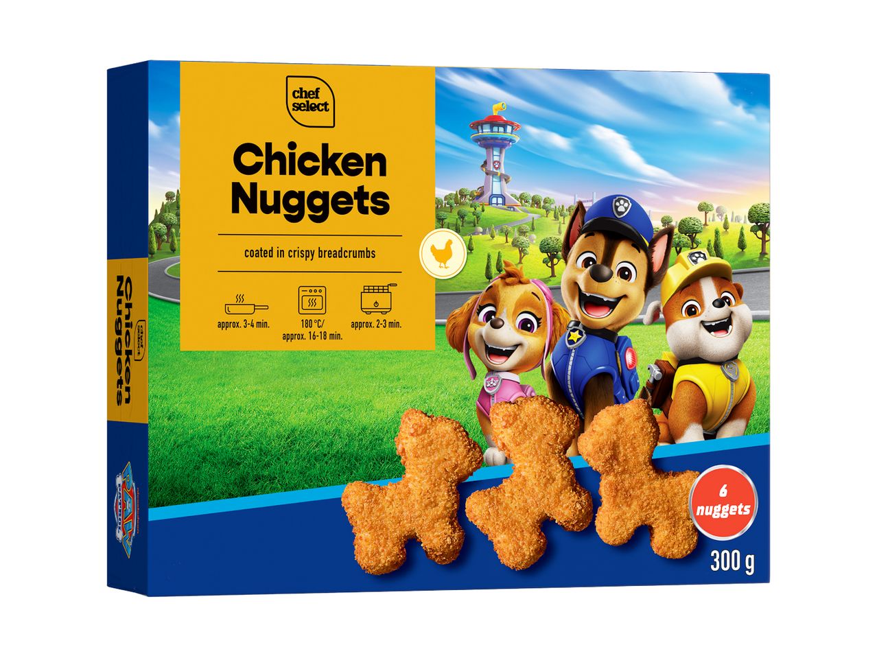 Chicken nuggets box with Paw Patrol characters and cooking instructions.