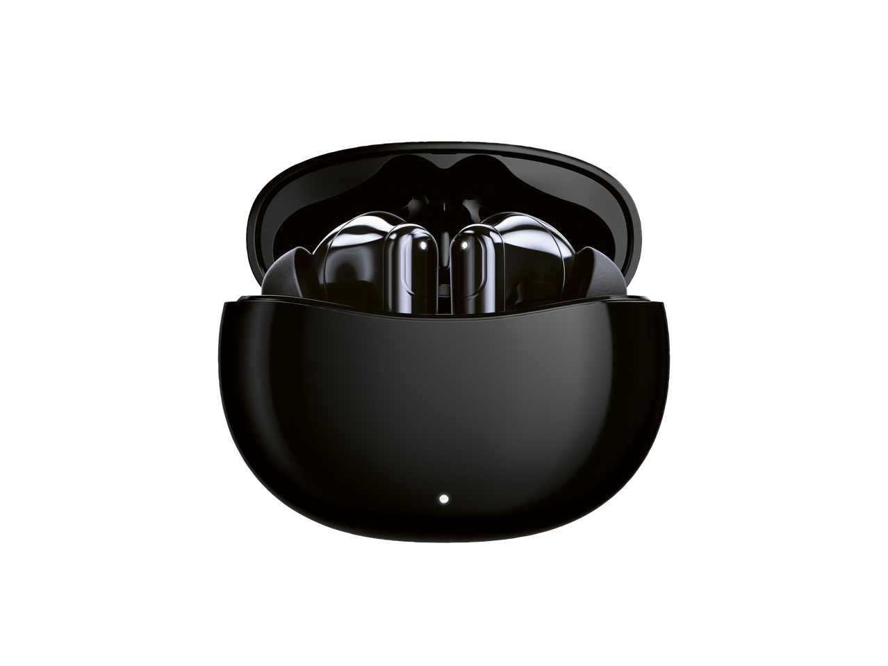 CRIVIT Fitness-Sortiment: Carcasă neagră deschisă pentru căști wireless cu două căști în interior.