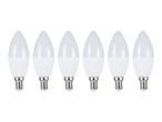 Six white LED candle light bulbs with E14 screw bases arranged in a row.