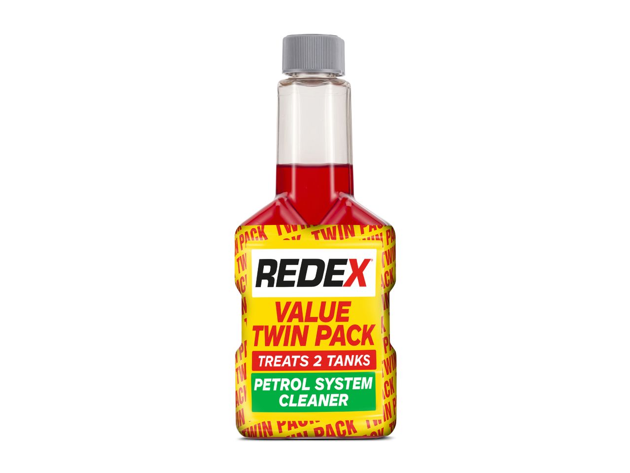 Petrol system cleaner in a clear bottle with a yellow and red label, indicating a twin pack.