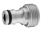 Silver metal garden hose connector with a black rubber O-ring, isolated on white.