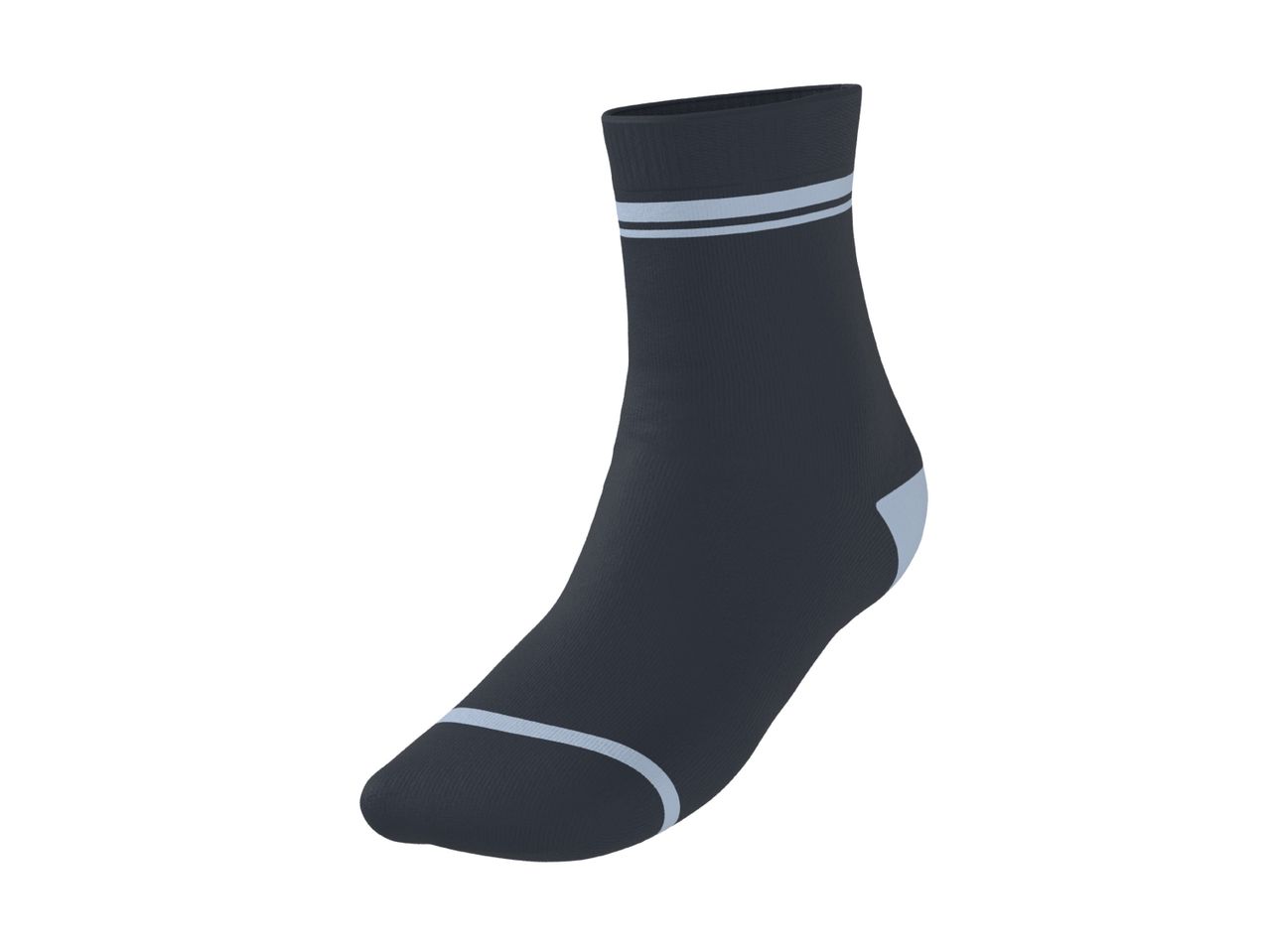 Dark grey sock with light blue stripes on the cuff and toe