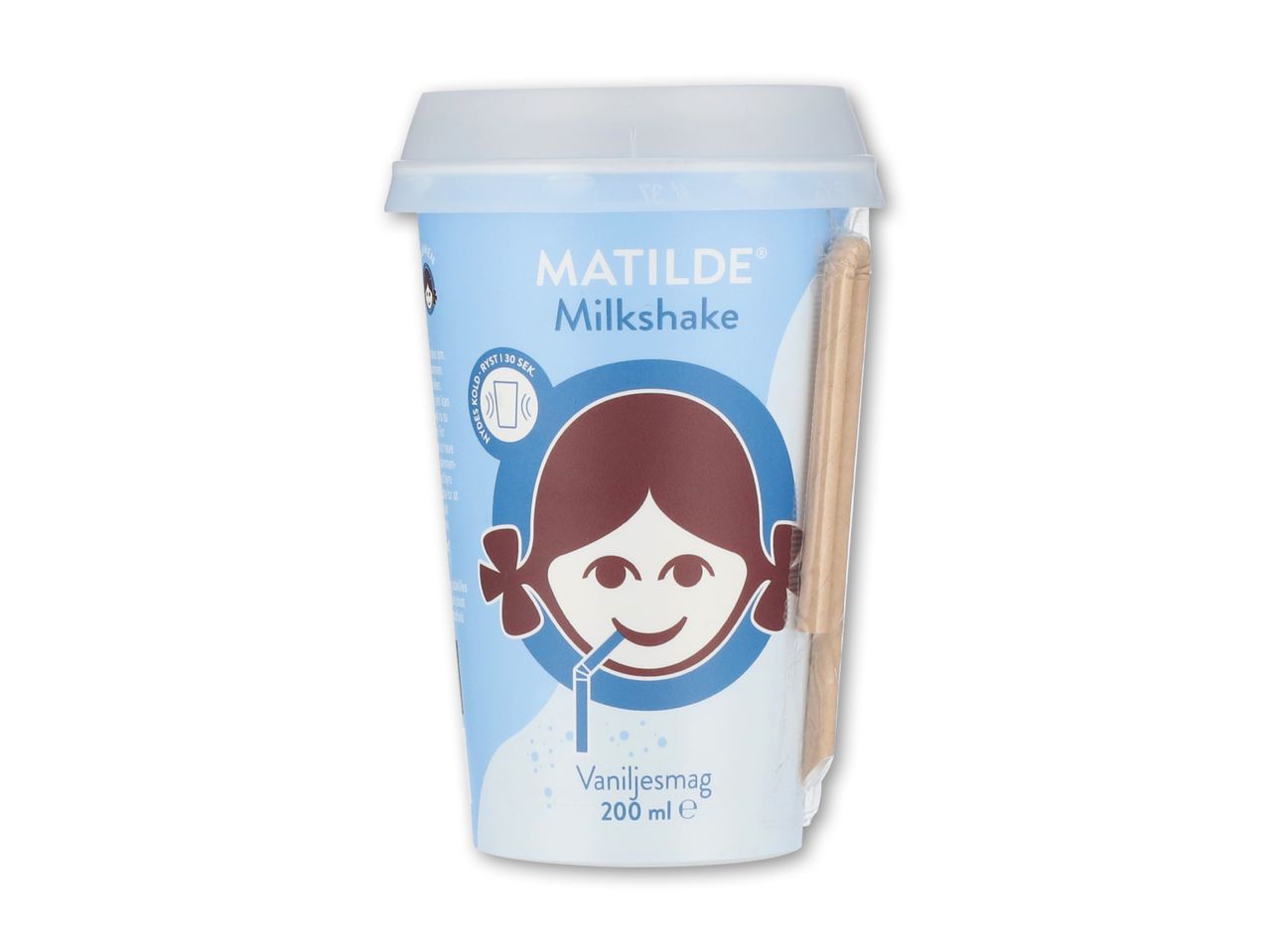 Vaniljemilkshake i en kop med et tegnet ansigt og en sugerør, 200 ml.