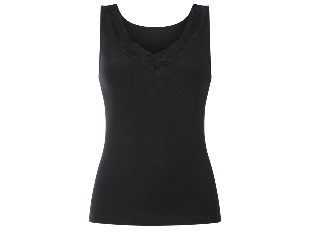 Черен дамски топ с V-образно деколте и дантела.