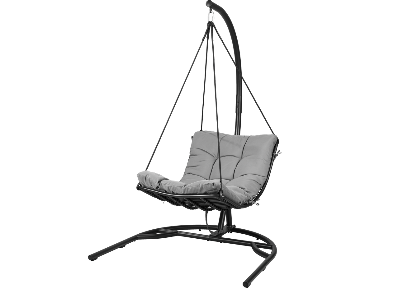 Black hanging egg chair with a grey cushion on a black background.