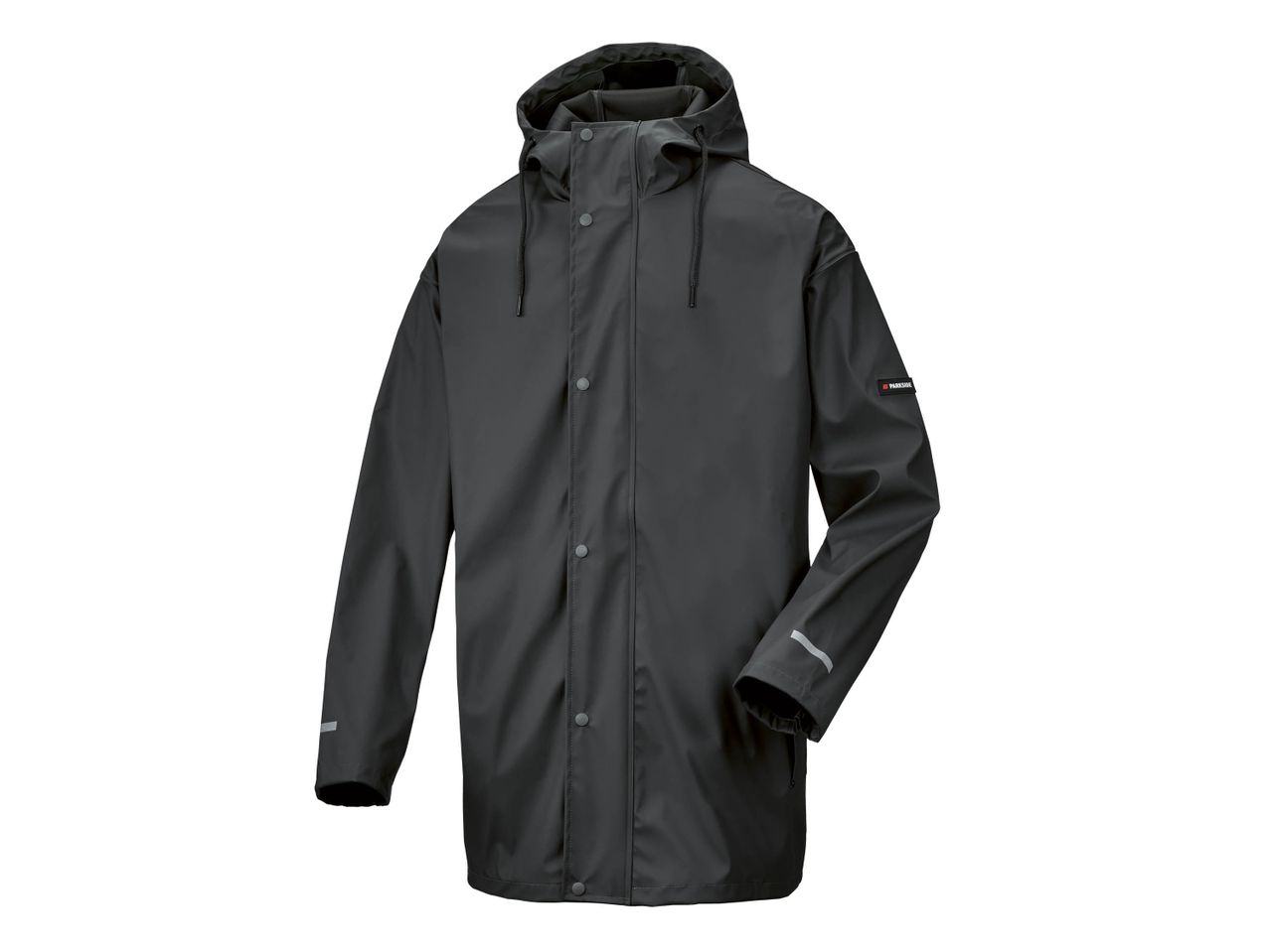 A dark gray waterproof rain jacket with a hood and snap buttons.