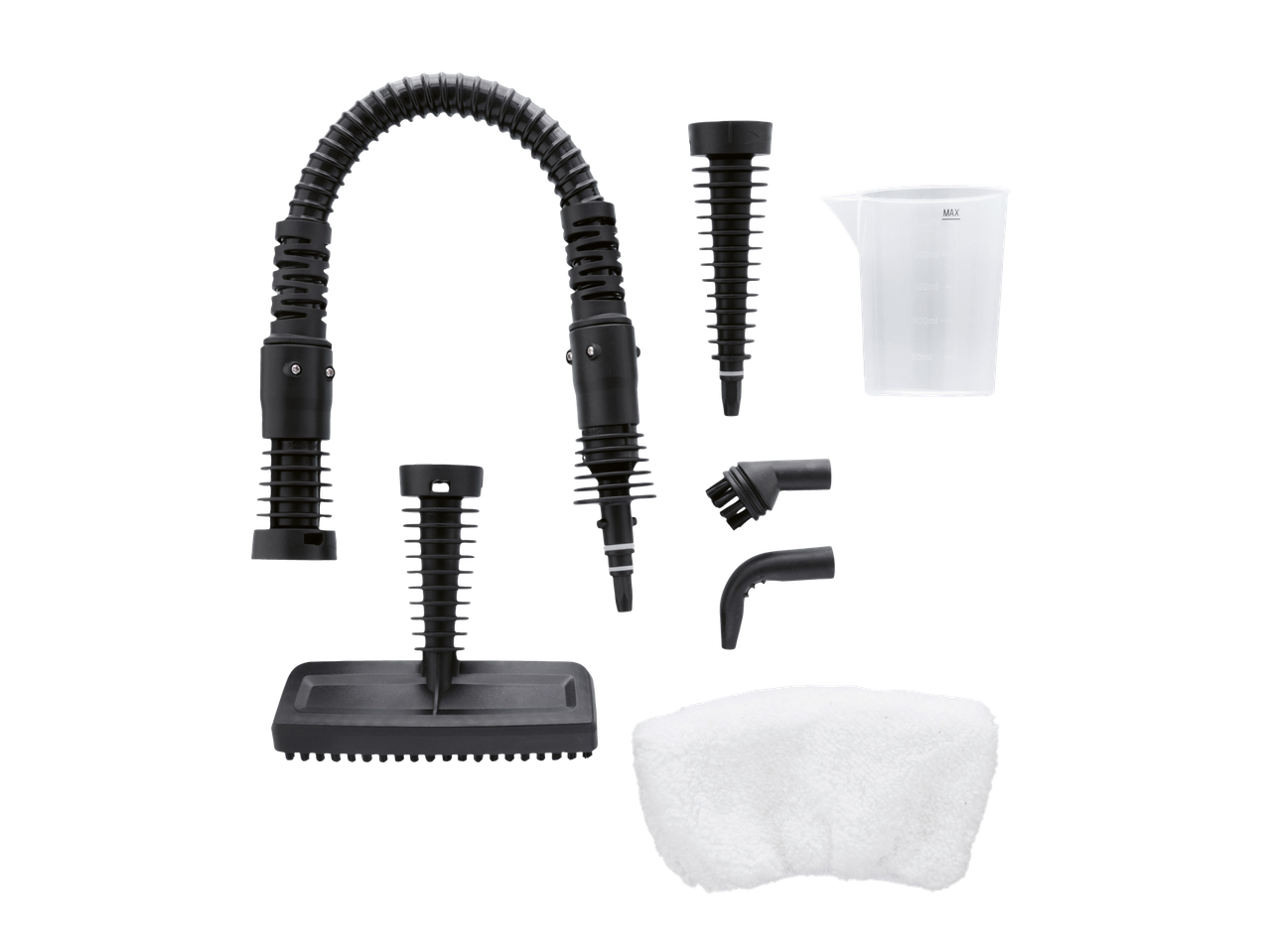 Dodaci za ručni parni čistač Silvercrest: crevo, mlaznice, merna posuda, četka, krpa.