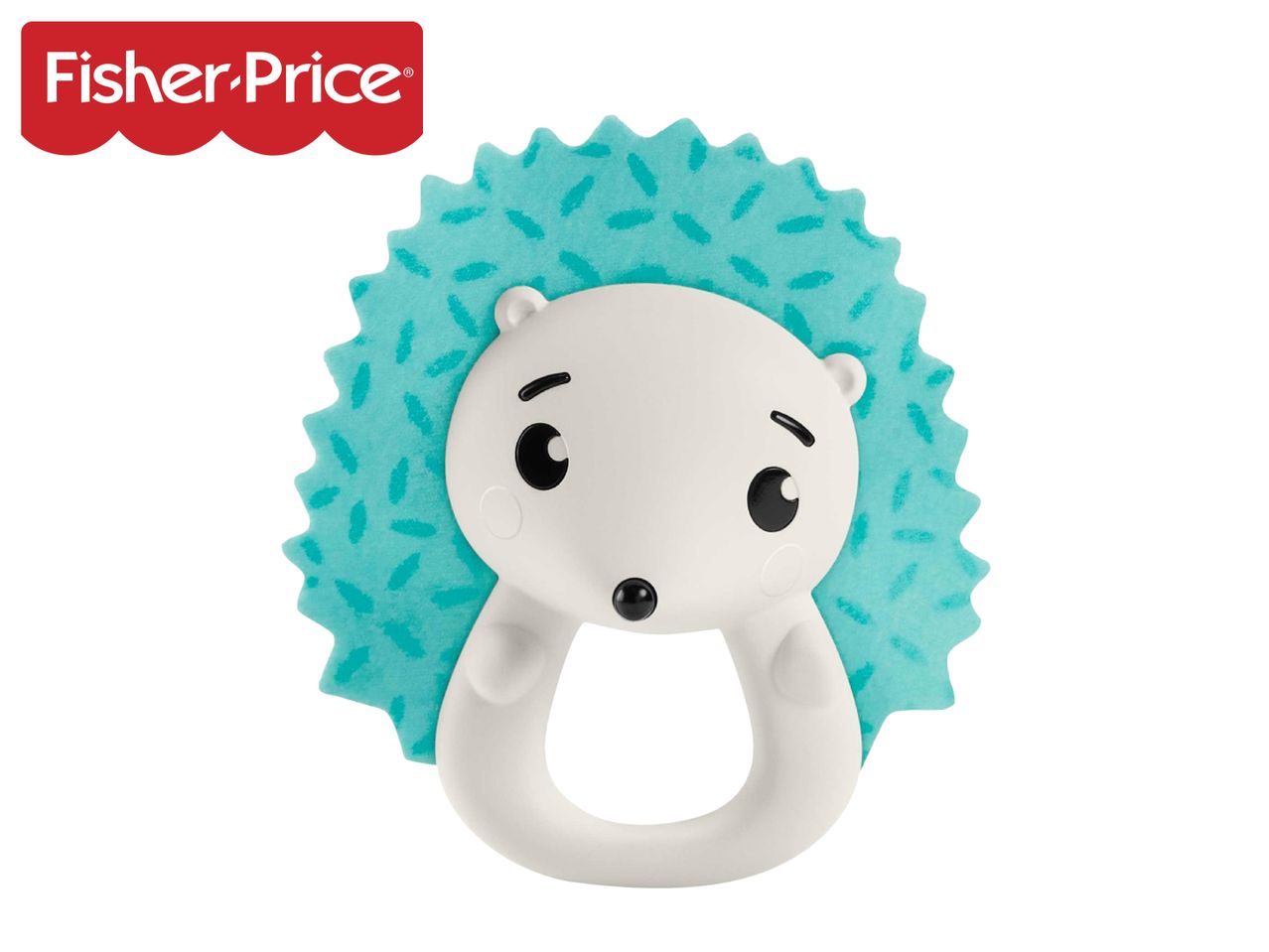 Hedgehog-shaped baby teether with a white face and a teal textured back.