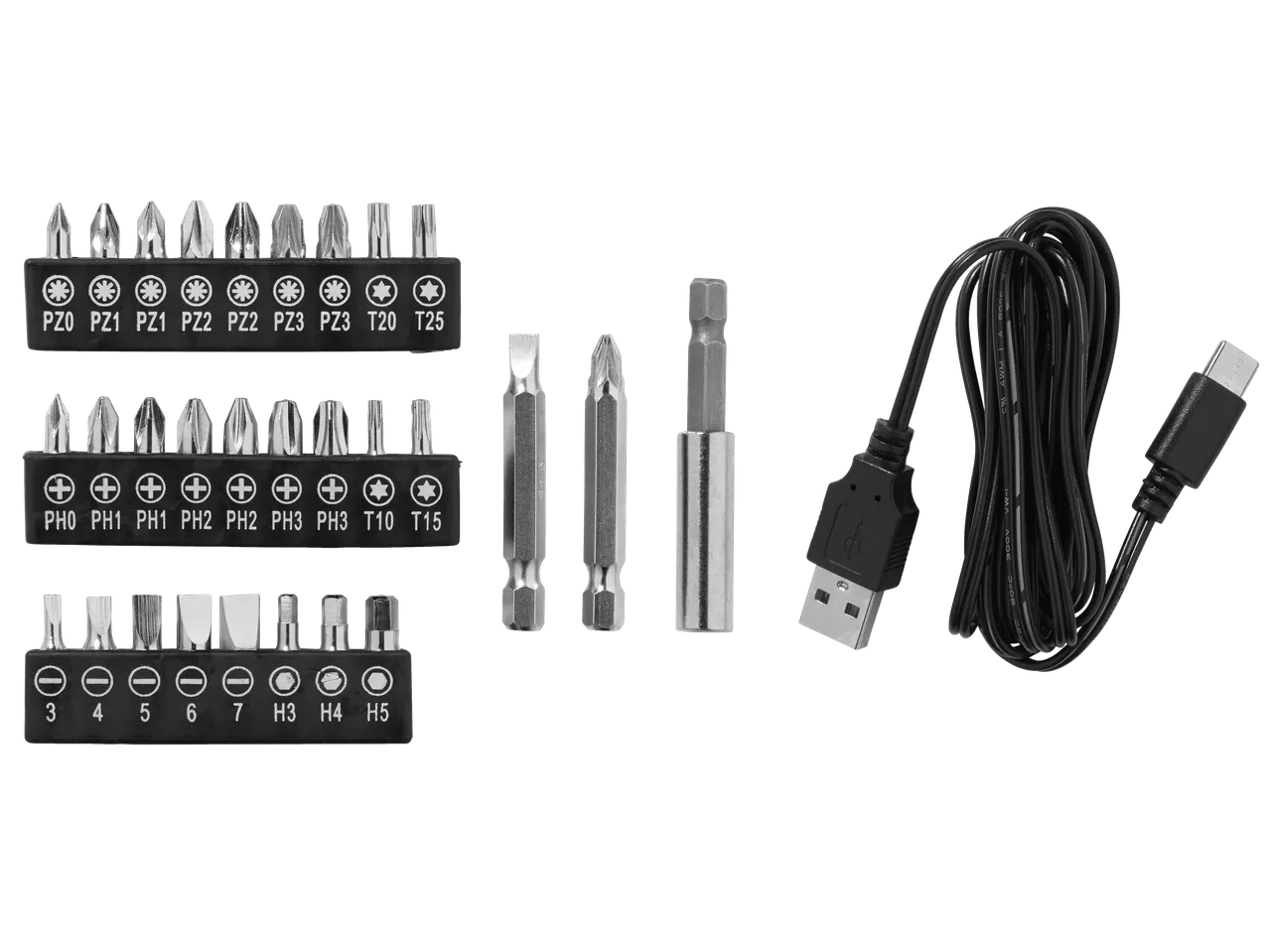 Csavarhúzó bitkészlet különböző méretekkel, mágneses bittartóval és USB-A–USB-C kábellel.