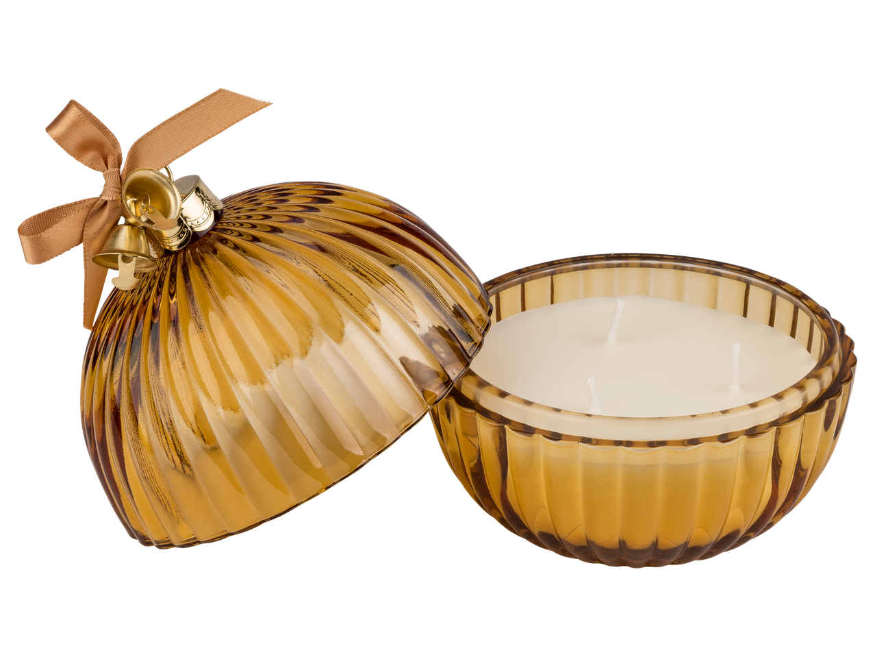 Livarno Home LED-Echtwachskerze: Atvērta zelta Ziemassvētku bumbas formas svece ar lenti un zvaniņiem.