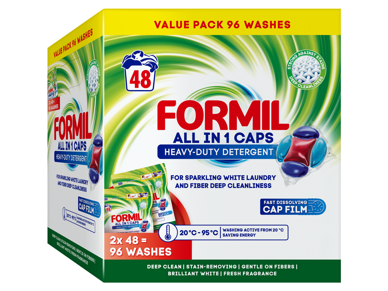 Formil All in 1 Caps zwaar wasmiddel, voordeelpak van 96 wasbeurten.