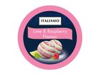 Round label for Italian Lime & Raspberry Flavour ice cream with two scoops.