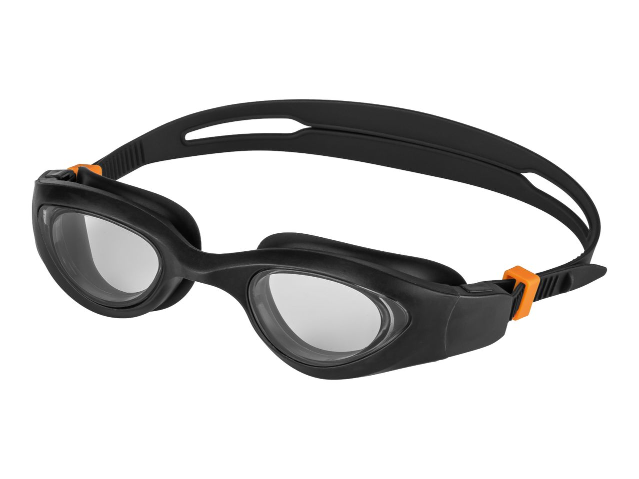 Black swimming goggles with clear lenses and orange accents
