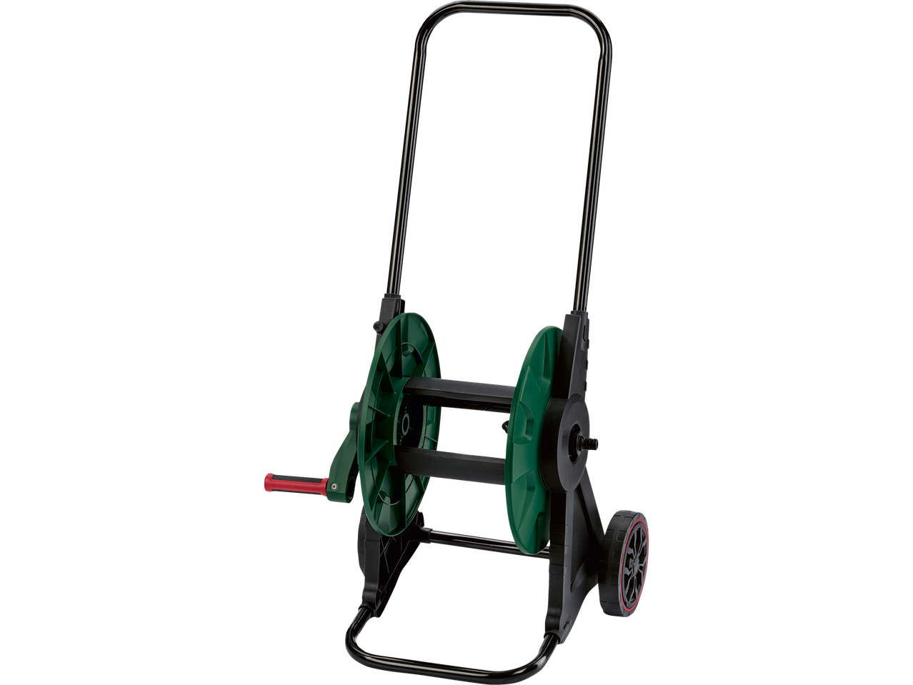 Chariot pour tuyau d'arrosage avec roues, facile à ranger.