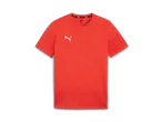 Rotes T-Shirt mit weißem Logo auf der Brust und Etikett am Kragen.