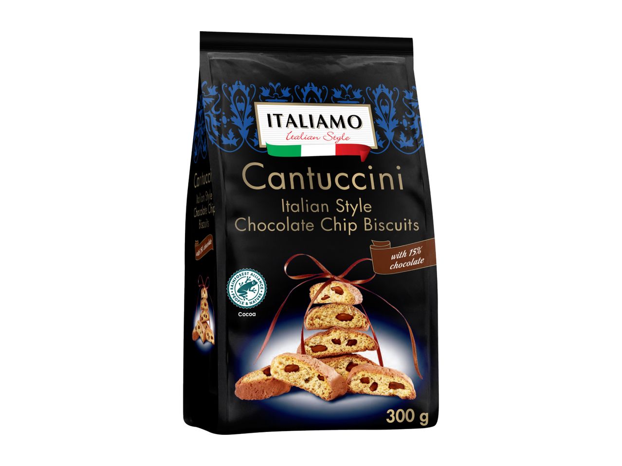 Black bag of Italian-style chocolate chip biscuits with a ribbon and a Rainforest Alliance seal.