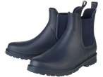 A pair of dark blue Chelsea rain boots with elastic side panels and pull tabs.