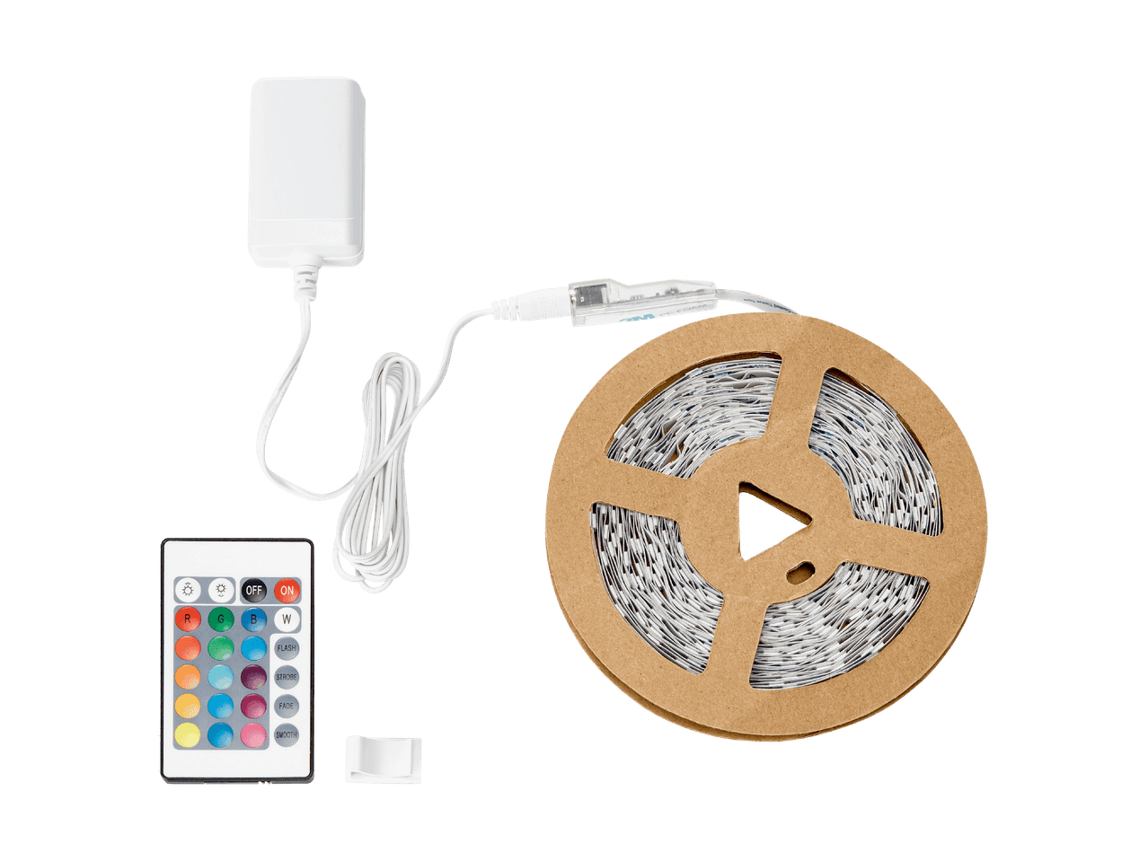 Bande LED avec télécommande, adaptateur secteur et bobine de lumières.