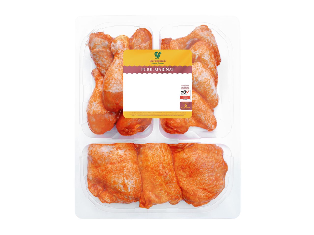 Pachet cu bucăți de pui marinate, gata pentru gătit.