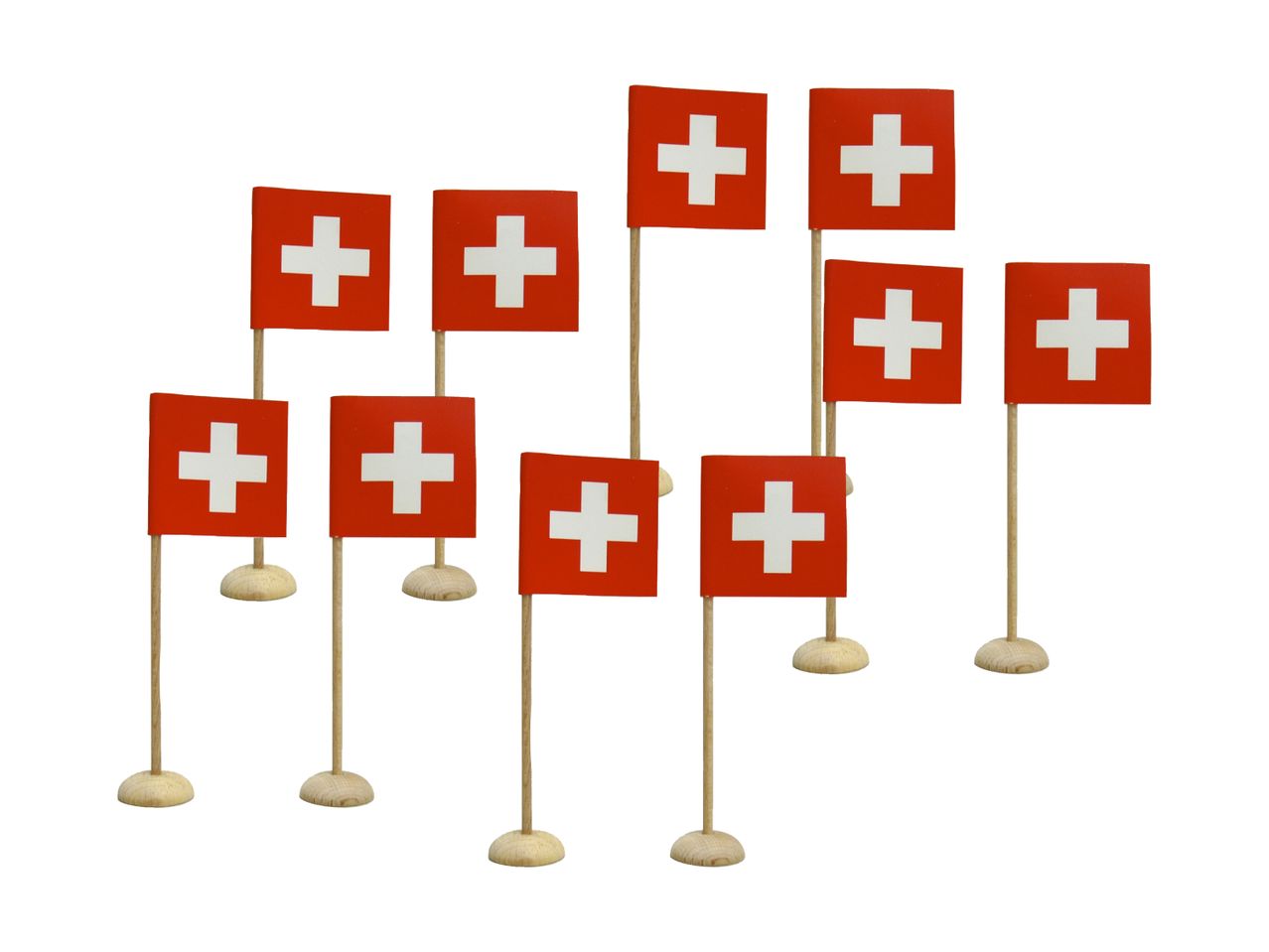 Dix mini-drapeaux suisses sur des piquets.