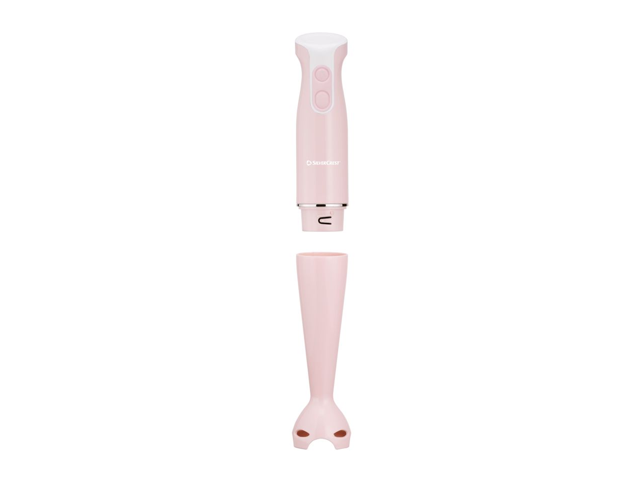 A pink SilverCrest immersion blender with a detachable blending shaft.