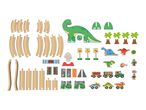 A dinosaur-themed wooden train set with tracks, dinosaurs, vehicles, and accessories.