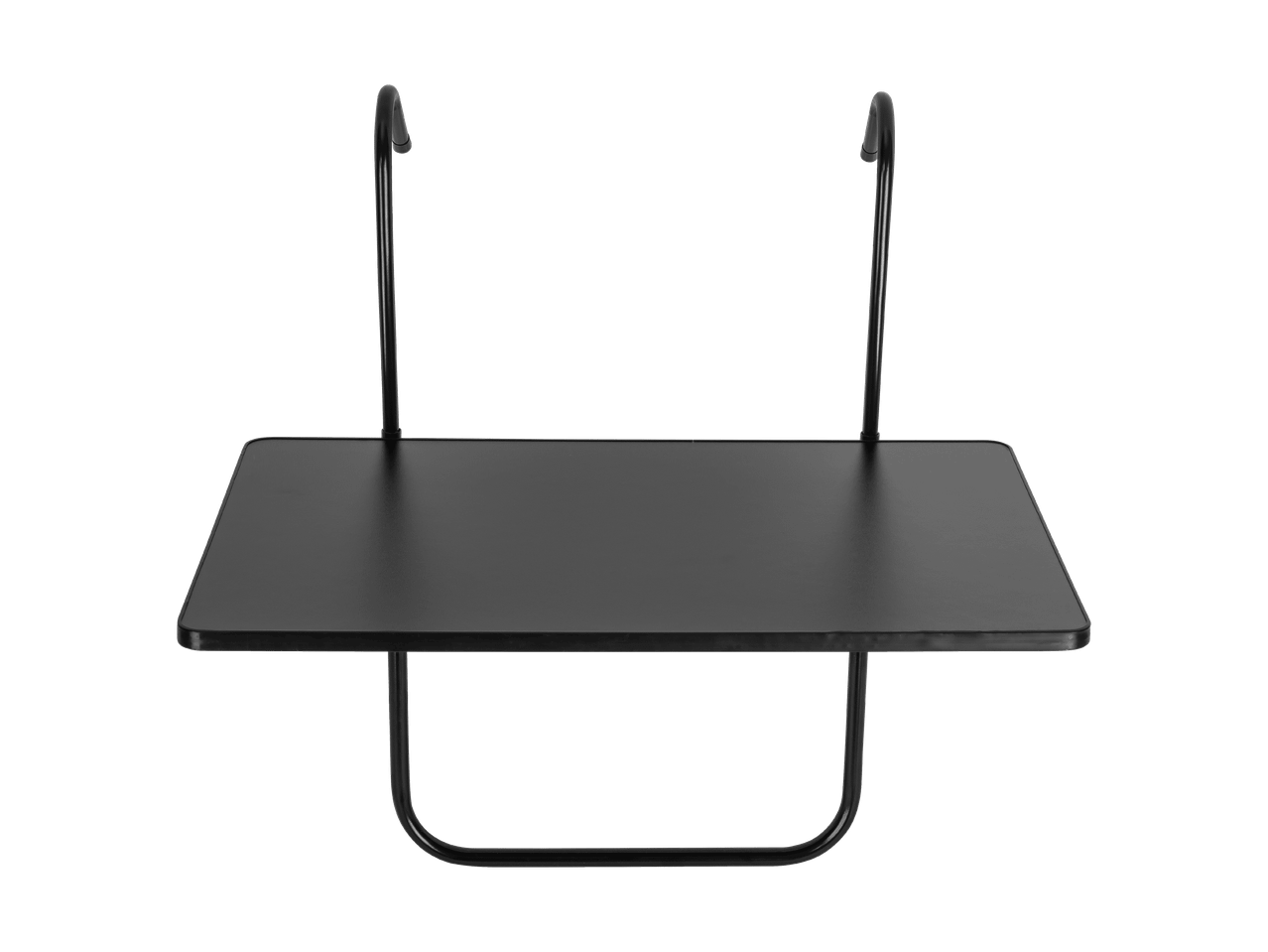 Étagère suspendue noire avec plateau rectangulaire et crochets de suspension.