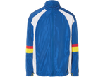 Blue windbreaker jacket with white side panels and red and yellow stripes on the sleeves.