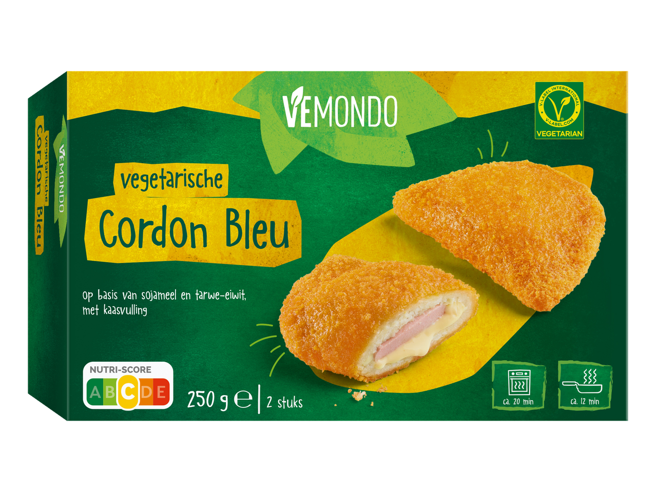 VEMONDO Vegetarische Cordon Bleu verpakking met Nutri-Score C en bereidingsinstructies.