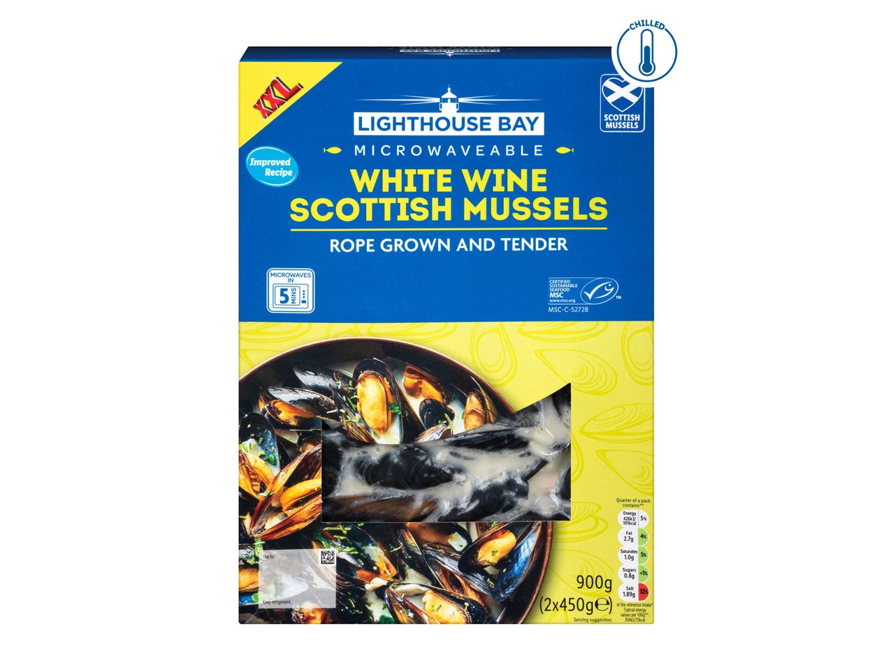 Lighthouse Bay XXL white wine Scottish mussels, microwaveable.