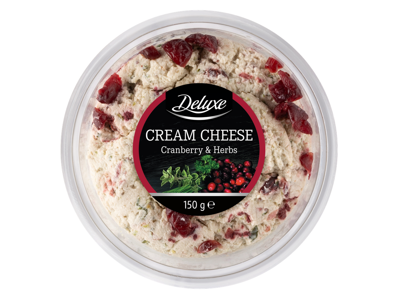 Deluxe krējuma siers ar dzērvenēm un garšaugiem.