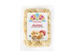 Pelmeni with pork and beef in a clear plastic tray, featuring a folk-art inspired label.