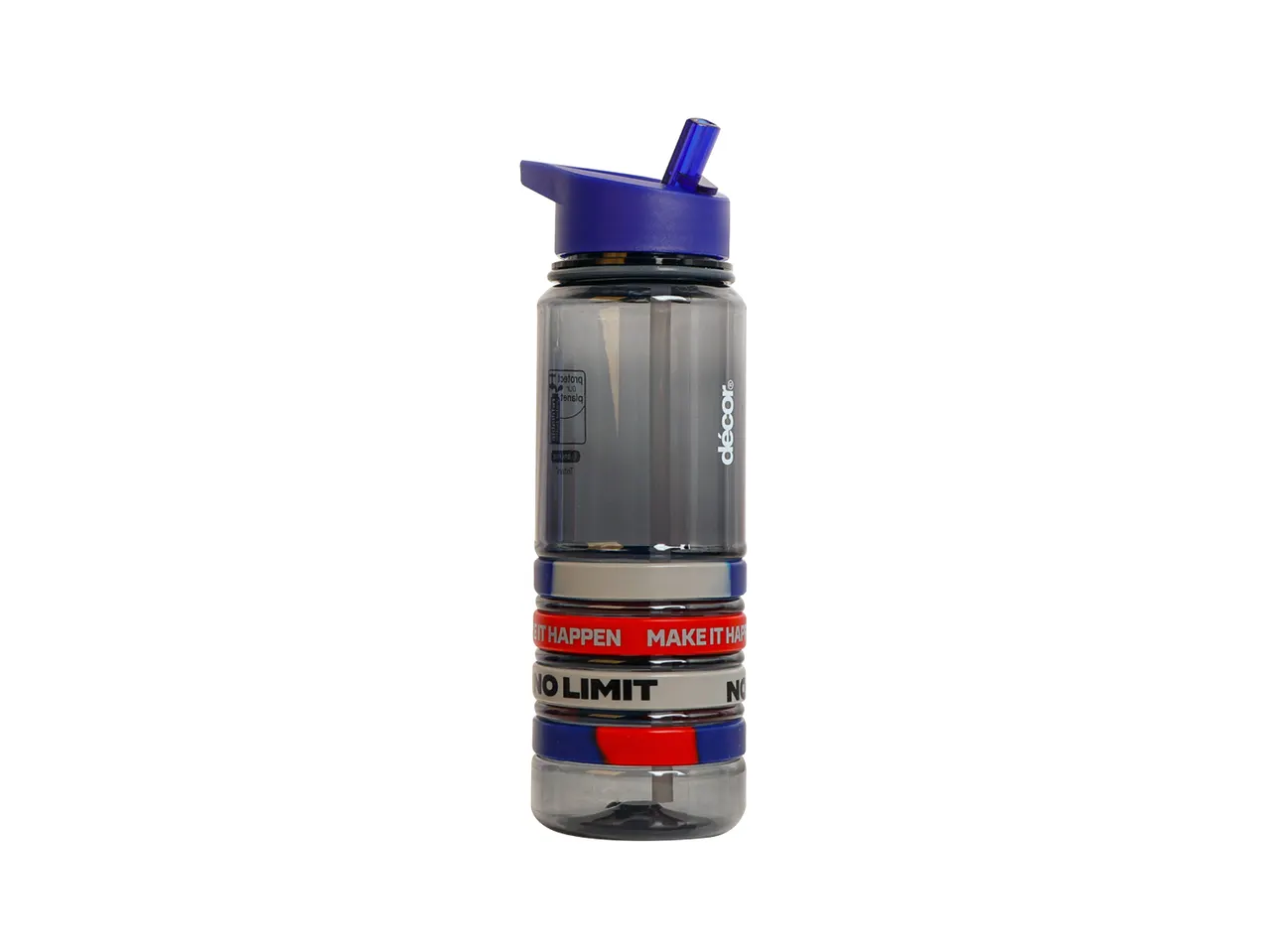 A large, clear plastic water bottle with a blue flip-top lid and straw.