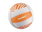 Volleyball in white and orange with a geometric pattern and text on the central band.