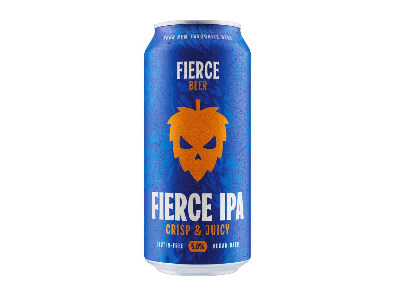 Blue beer can with an orange hop logo, text reads 'Fierce IPA Crisp & Juicy'