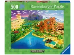 Ravensburger Minecraft 500-piece puzzle featuring a blocky landscape with diverse biomes.