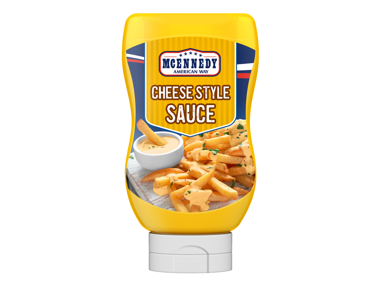 McEnnedy sūrio padažo butelis su bulvytėmis ir padažu ant etiketės.