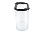 Clear rectangular food storage container with a black lid