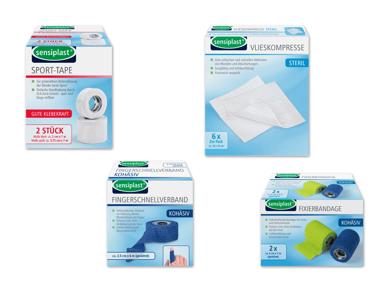Vier Sensiplast-Produkte: Sport-Tape, Vlieskompresse, Fingerschnellverband und Fixierbandage.