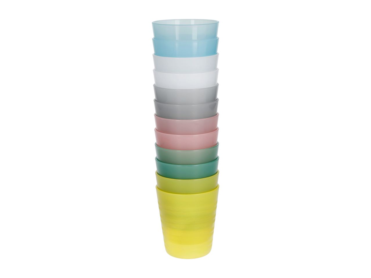 Stack of colorful plastic cups in various pastel shades, including blue, white, grey, pink, green, and yellow.