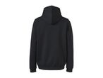 Back view of a plain black hoodie with a hood, long sleeves, and ribbed cuffs and hem.