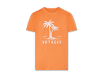 Orangefarbenes T-Shirt mit Palmenmotiv und dem Aufdruck 'Voyager'.